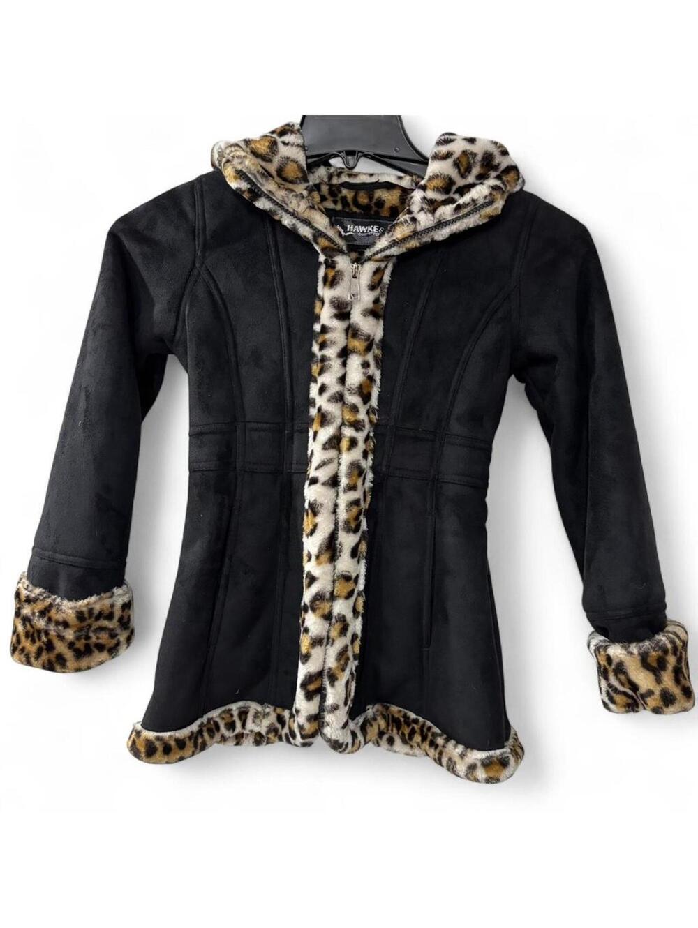 Hawke & Co Black Faux Suede Jacket with Leopard Lining – Girls Size 10/12